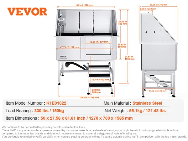 VEVOR Hundepflegewanne aus Edelstahl mit Maß- und Zubehörliste. Langlebig und vielseitig.