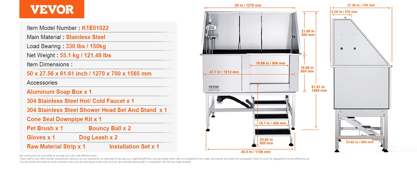 VEVOR Hundepflegewanne aus Edelstahl mit Maß- und Zubehörliste. Langlebig und vielseitig.