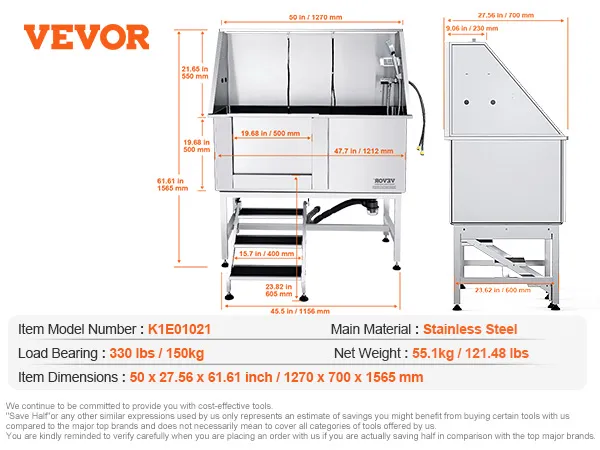 VEVOR dog grooming tub with stainless steel, 330 lbs capacity, dimensions: 50x27.56x61.61 in, accessories shown.