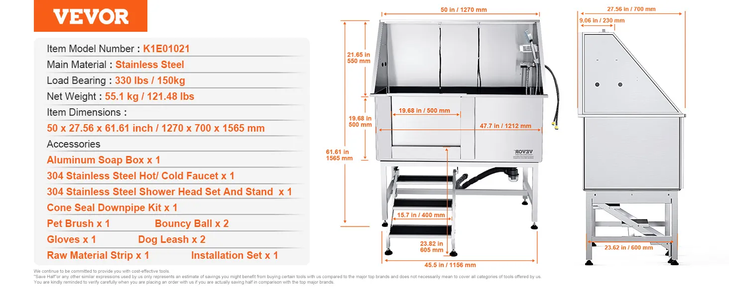VEVOR dog grooming tub with stainless steel, 330 lbs capacity, dimensions: 50x27.56x61.61 in, accessories shown.