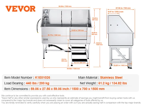 VEVOR dog grooming tub, stainless steel, 440 lbs load, 59.06 x 27.56 x 59.06 in dimensions. includes faucet.