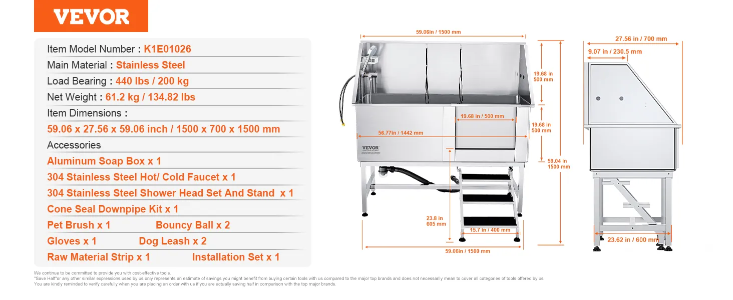 VEVOR dog grooming tub, stainless steel, 440 lbs load, 59.06 x 27.56 x 59.06 in dimensions. includes faucet.