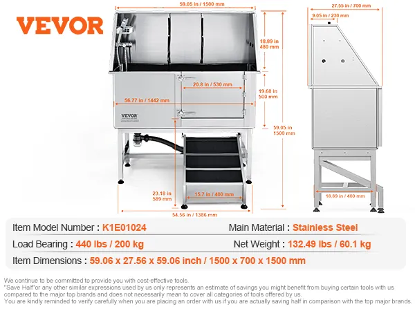 VEVOR dog grooming tub with dimensions, stainless steel material, and various accessories displayed.