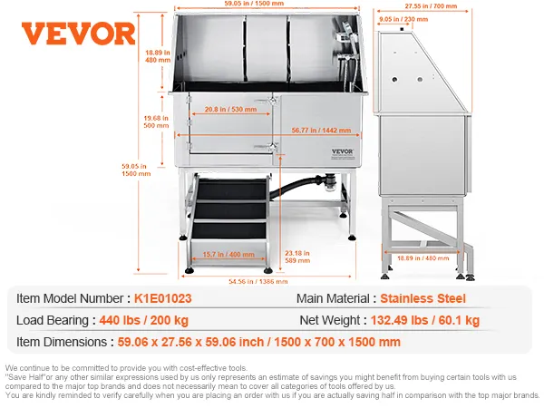 VEVOR dog grooming tub features stainless steel design, accessories, and dimensions for pet care.