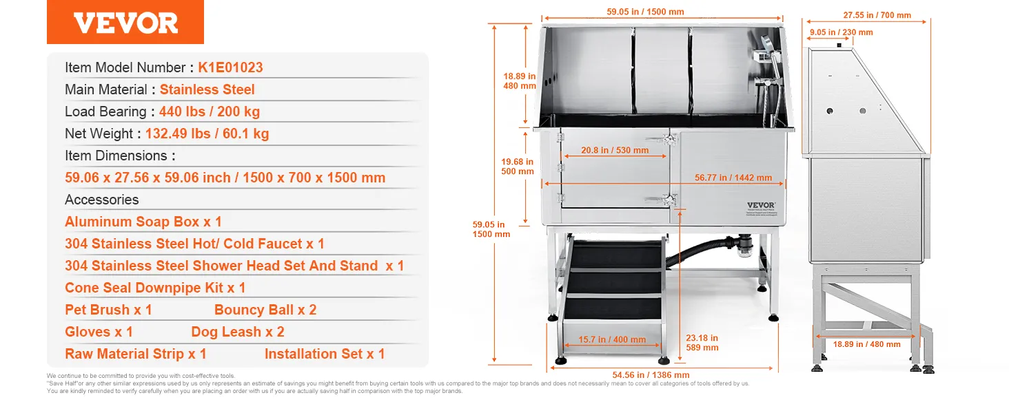 VEVOR dog grooming tub features stainless steel design, accessories, and dimensions for pet care.