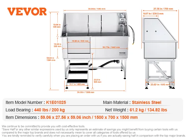 Vasca per la toelettatura dei cani VEVOR, in acciaio inox, 1500x700x1500mm, capacità 440 libbre, include rubinetto, doccia, spazzola per animali domestici.