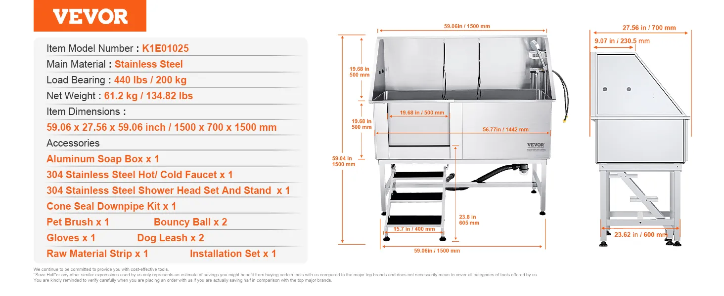Vasca per la toelettatura dei cani VEVOR, in acciaio inox, 1500x700x1500mm, capacità 440 libbre, include rubinetto, doccia, spazzola per animali domestici.