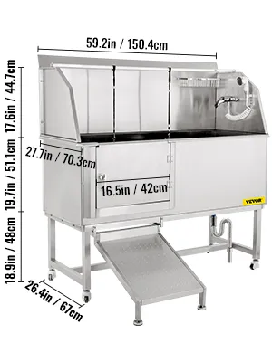 Wanna do pielęgnacji psów VEVOR o wymiarach: 59,2 x 44,7 cm, 27,7 x 70,3 cm, 16,5 x 42 cm i 26,4 x 67 cm.