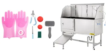 Wanna do pielęgnacji psów VEVOR z różowymi rękawiczkami, obcinaczem do pazurów, szczotką i narzędziami pielęgnacyjnymi, a także rampą i kranem.