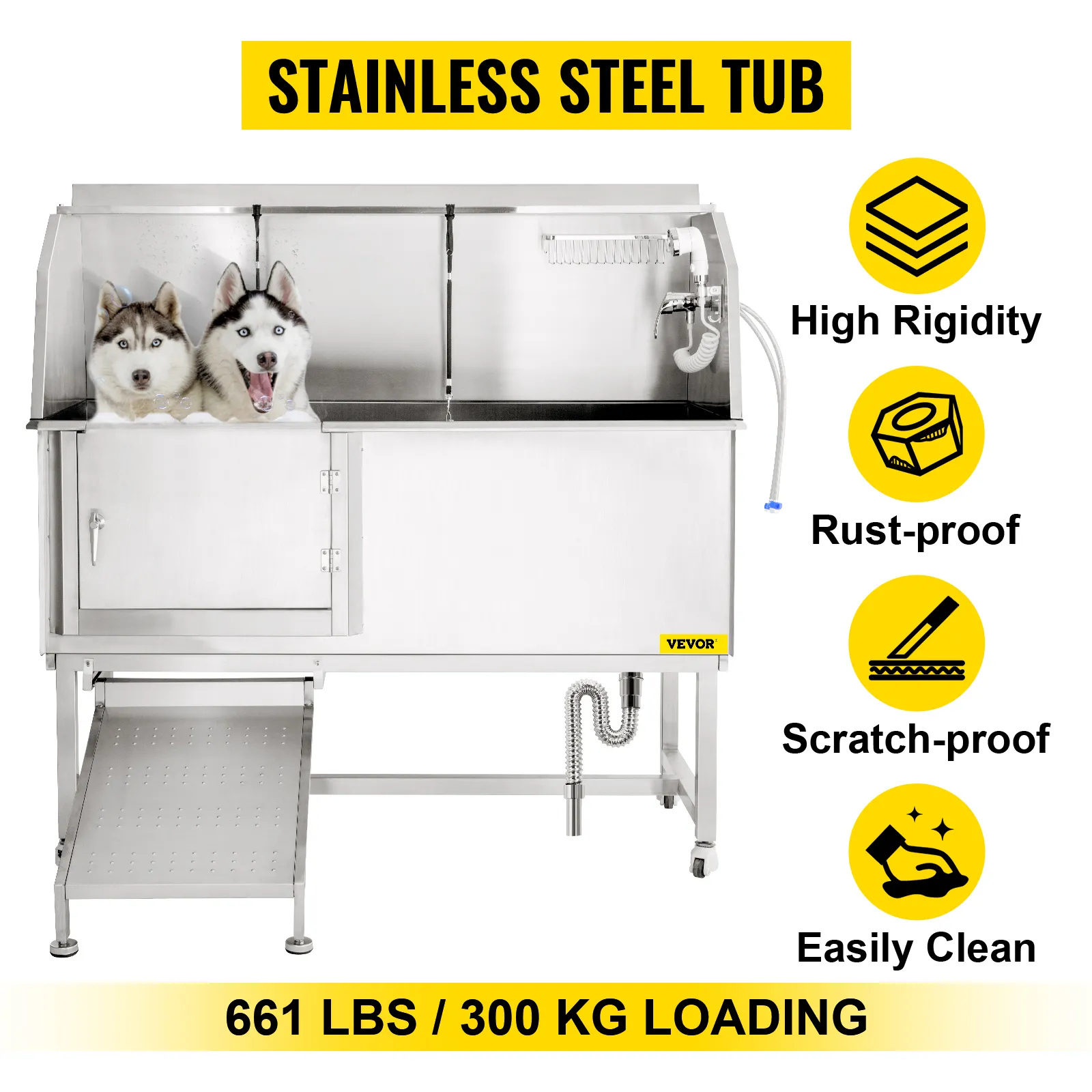 Wanna do pielęgnacji psów VEVOR ze stali nierdzewnej, odporna na rdzę i zarysowania, udźwig 661 funtów.
