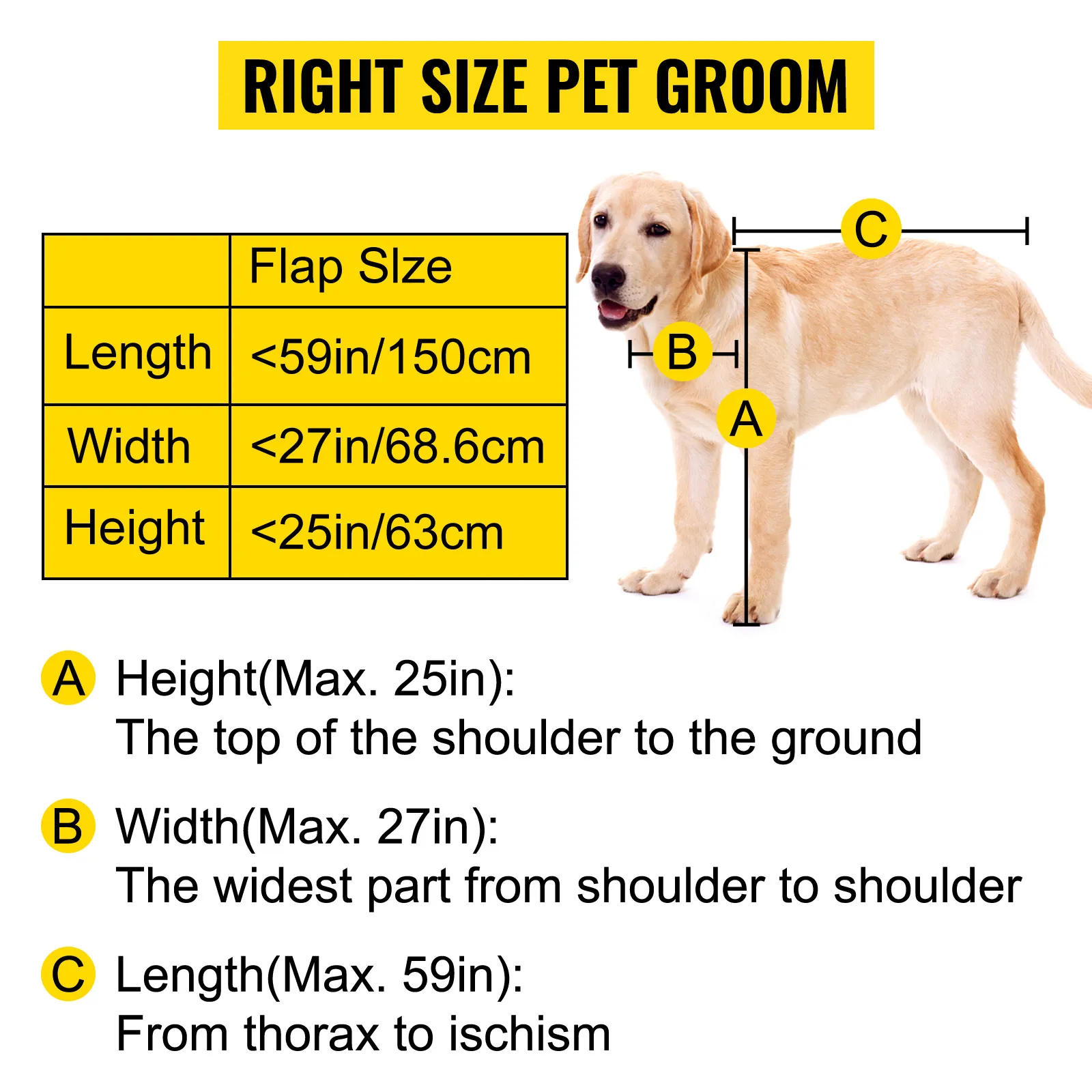 odpowiednia wielkość dla psa pasująca do wanny pielęgnacyjnej VEVOR, o wymiarach: długość <59 cali, szerokość <27 cali, wysokość <25 cali.