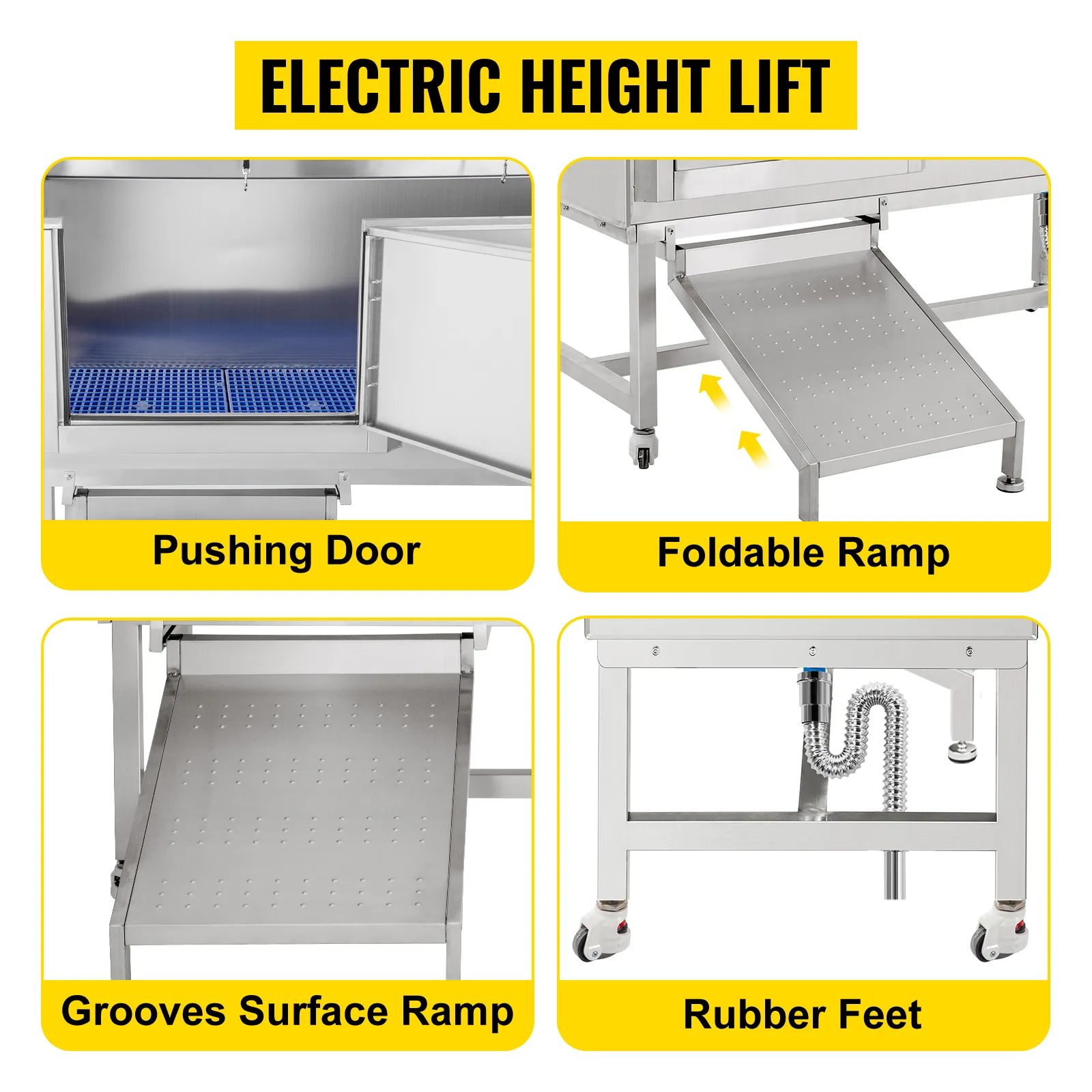Wanna do pielęgnacji psów VEVOR z elektrycznym podnośnikiem wysokości, składaną rampą, gumowymi nóżkami i rowkowaną powierzchnią.