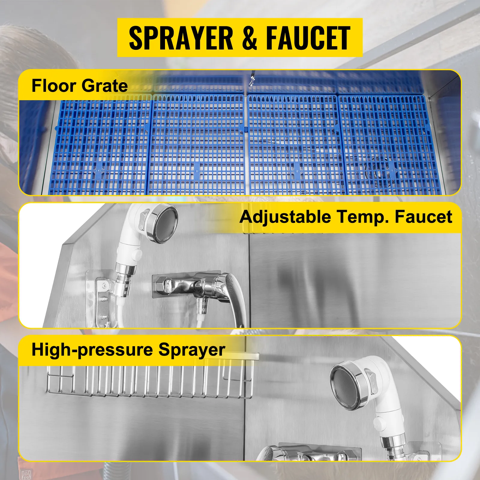 Wanna do pielęgnacji psów VEVOR z regulowanym kranem, spryskiwaczem wysokociśnieniowym i niebieską kratką podłogową.