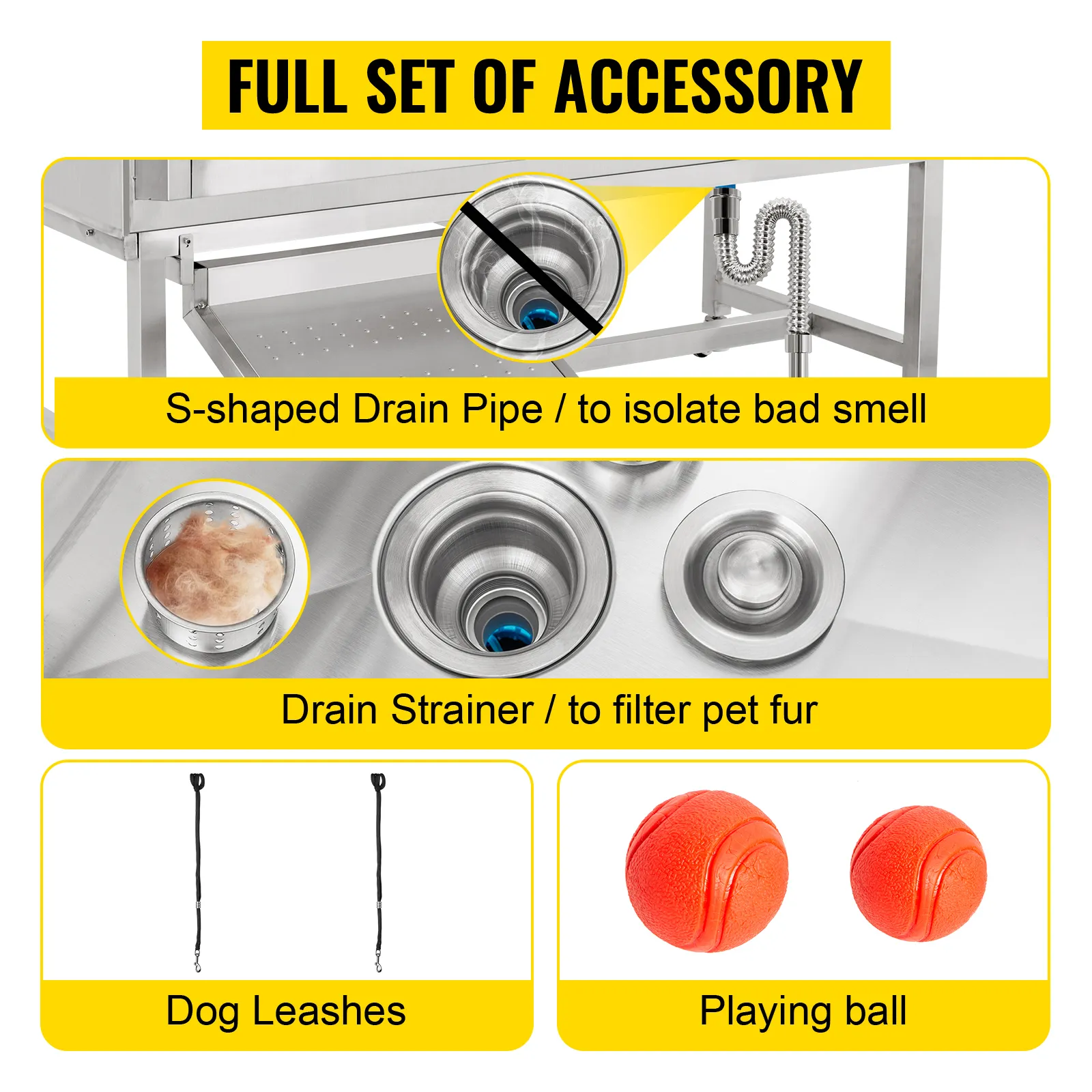 Akcesoria do pielęgnacji psów VEVOR obejmują rurę odpływową w kształcie litery S, sitko odpływowe, smycze i piłkę do zabawy.