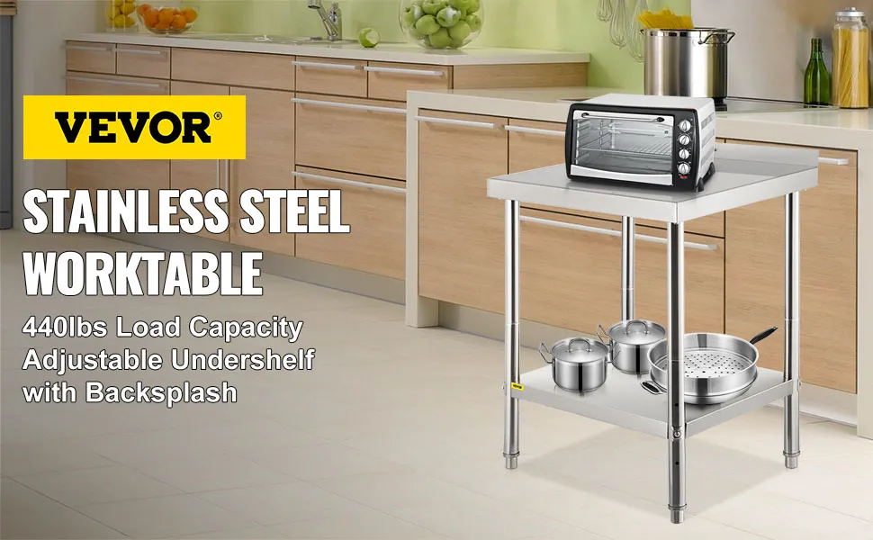 VEVOR roestvrijstalen voorbereidingstafel met verstelbare onderplank in een moderne keuken.