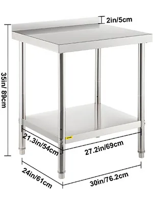 VEVOR roestvrijstalen voorbereidingstafel met afmetingen aangegeven. Twee niveaus, 35 inch hoog.