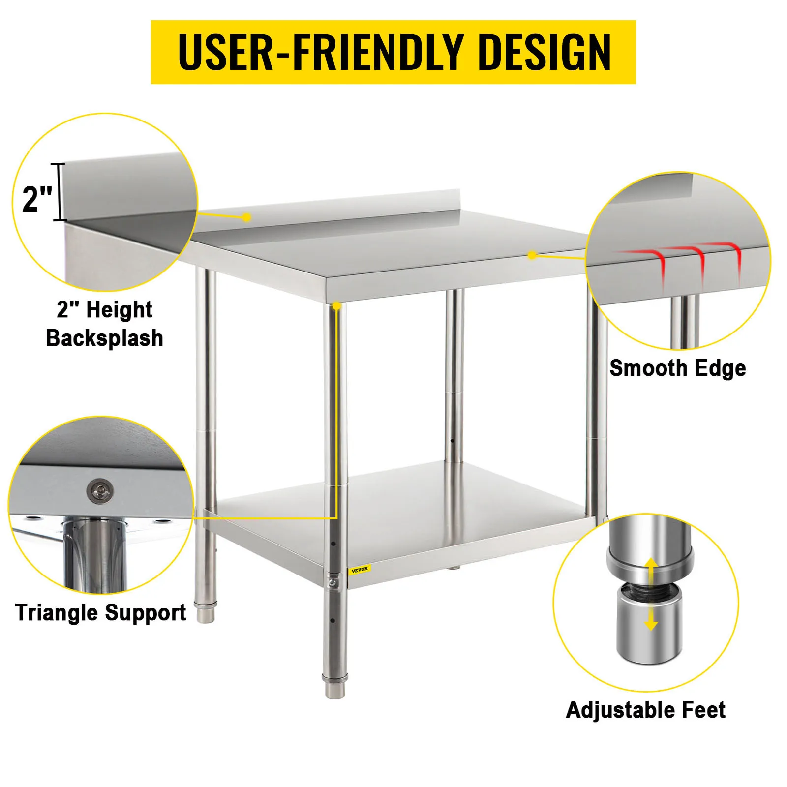 VEVOR roestvrijstalen voorbereidingstafel met 2" spatwand, gladde randen en verstelbare poten.