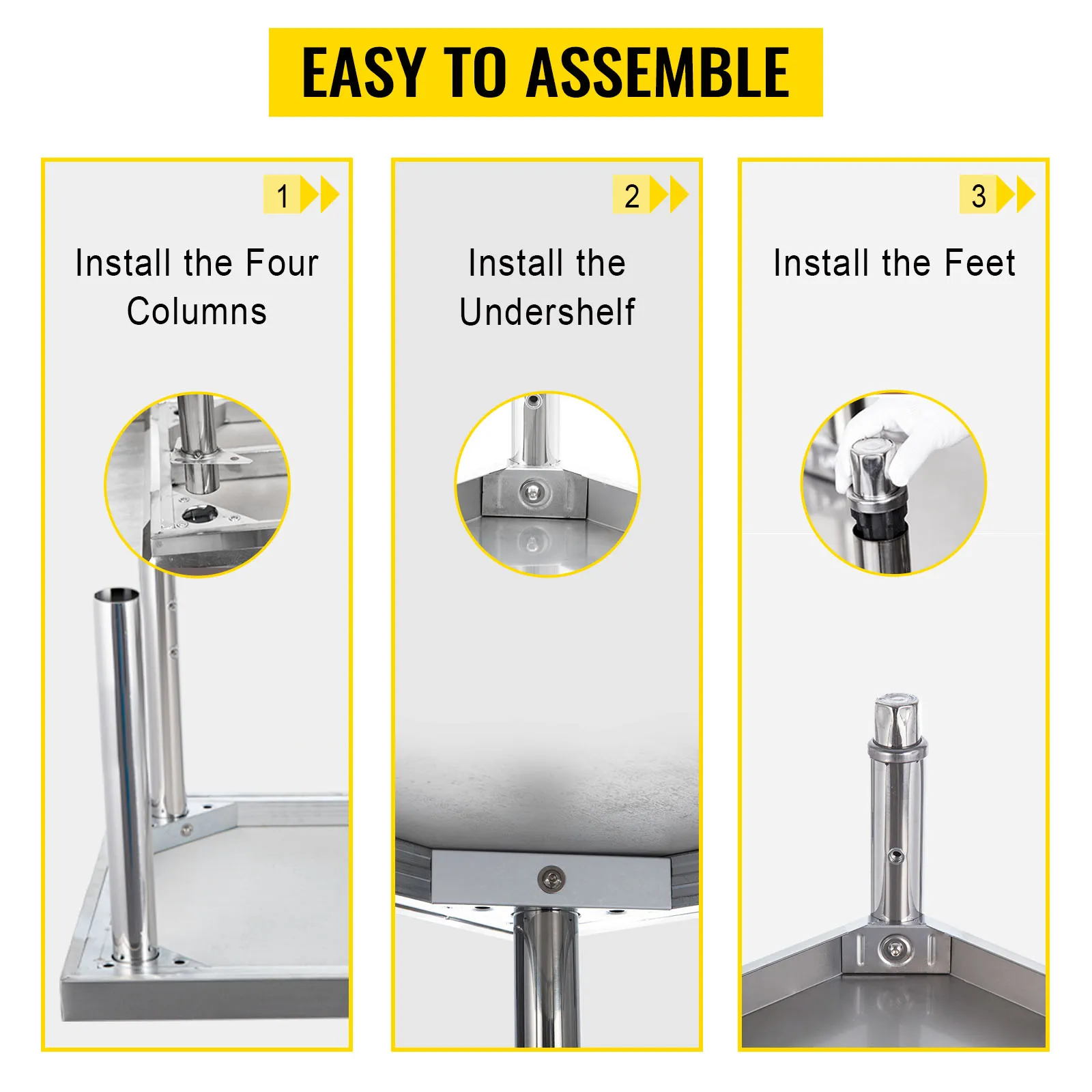 Eenvoudig te monteren VEVOR roestvrijstalen voorbereidingstafel: monteer kolommen, onderplank en poten.