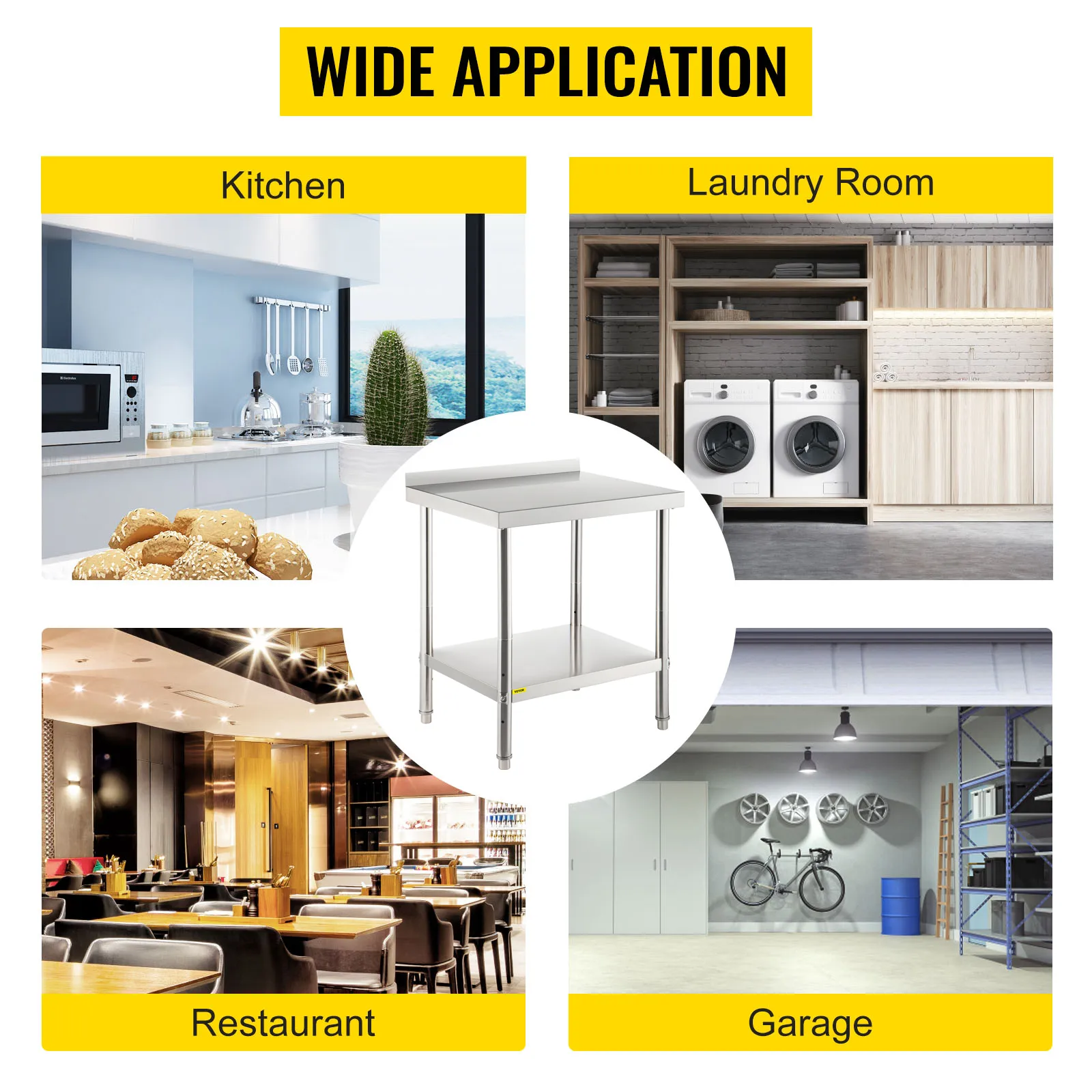 VEVOR roestvrijstalen voorbereidingstafel voor keuken, wasruimte, restaurant en garage.