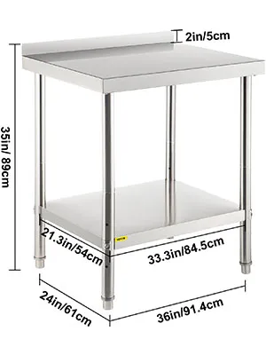 Mesa de preparación de acero inoxidable VEVOR con dimensiones: 35 pulgadas de alto, 24 pulgadas de profundidad, 36 pulgadas de ancho.