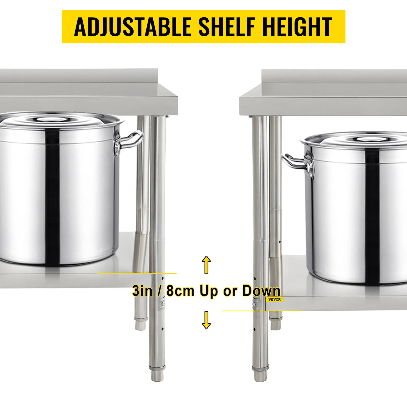 Altura del estante ajustable en la mesa de preparación de acero inoxidable VEVOR, 3 pulgadas/8 cm hacia arriba o hacia abajo.