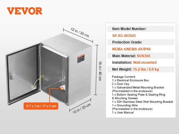 open VEVOR steel electrical box, sus304, nema 4/ip66, 16x12x10 in, wall-mounted, 15.2 lbs.