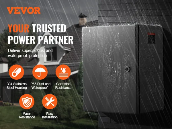 VEVOR steel electrical box in rain showcasing waterproof protection near a modern house.