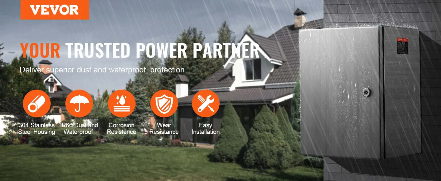 VEVOR steel electrical box in rain showcasing waterproof protection near a modern house.