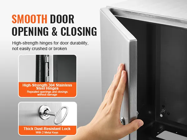 VEVOR steel electrical box with high-strength 304 stainless steel hinges and thick dust-resistant lock.