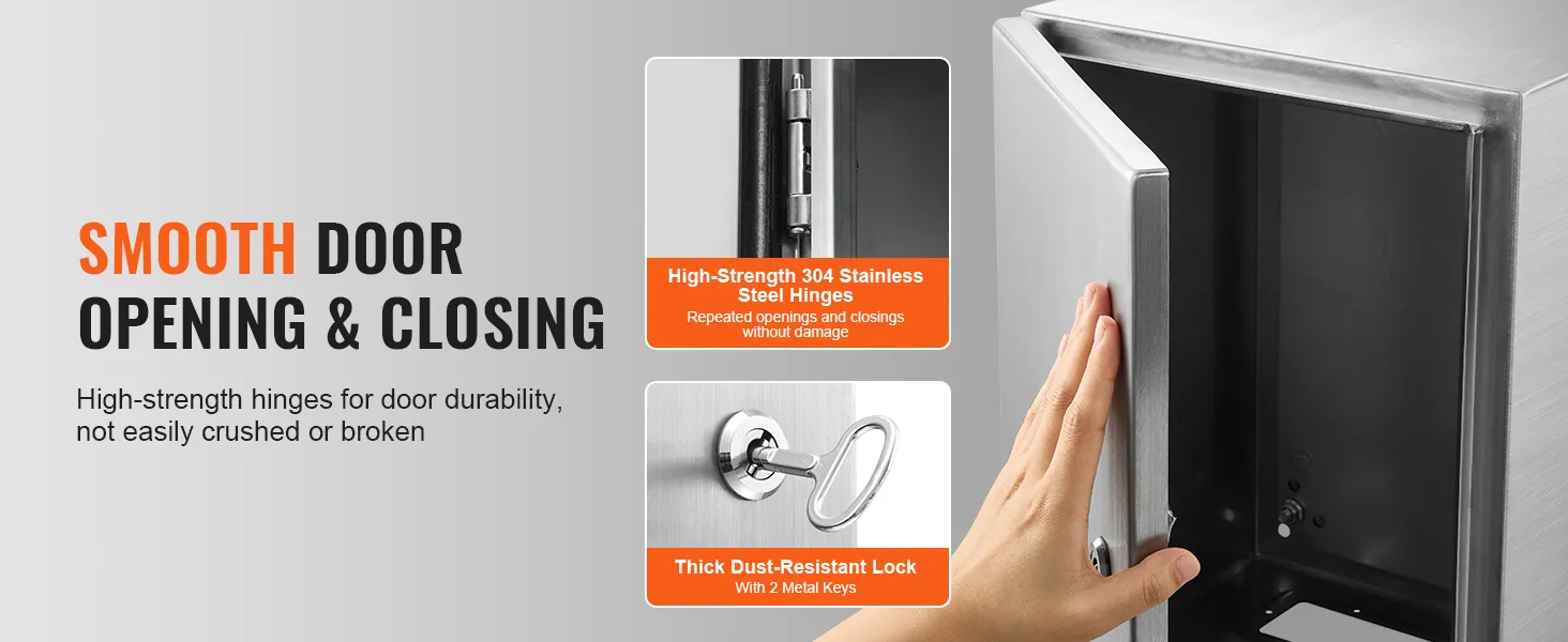 VEVOR steel electrical box with high-strength 304 stainless steel hinges and thick dust-resistant lock.