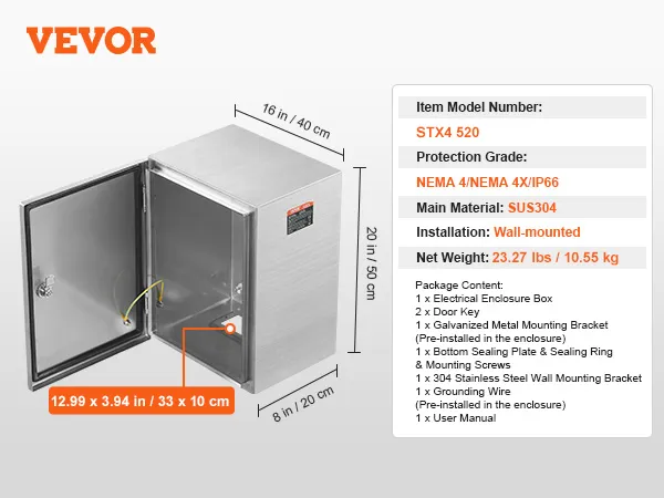 Caja eléctrica de acero VEVOR, montaje en pared, sus304, nema 4/4x/ip66, 16x8x20 pulgadas, 20,1 libras.