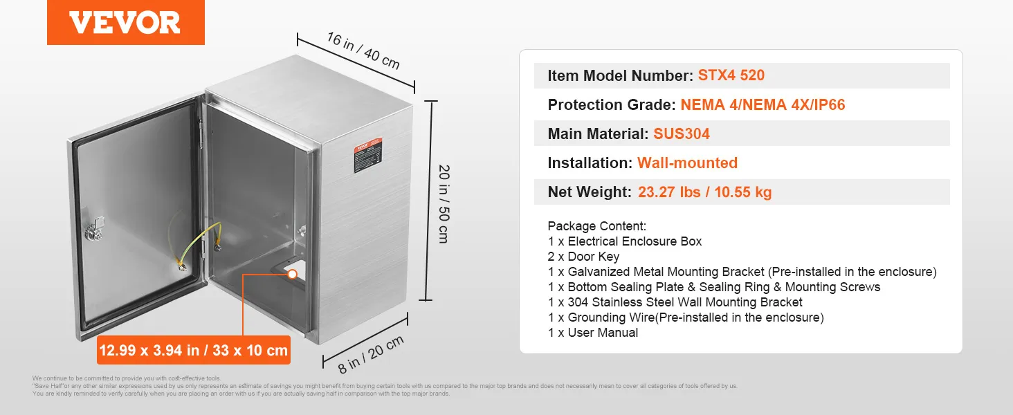 Caja eléctrica de acero VEVOR, montaje en pared, sus304, nema 4/4x/ip66, 16x8x20 pulgadas, 20,1 libras.