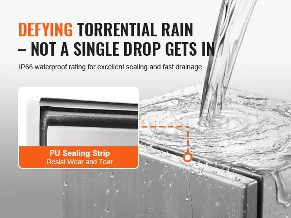 Caja eléctrica de acero VEVOR con clasificación de impermeabilidad IP66 y tira de sellado de PU que desafía la lluvia intensa.
