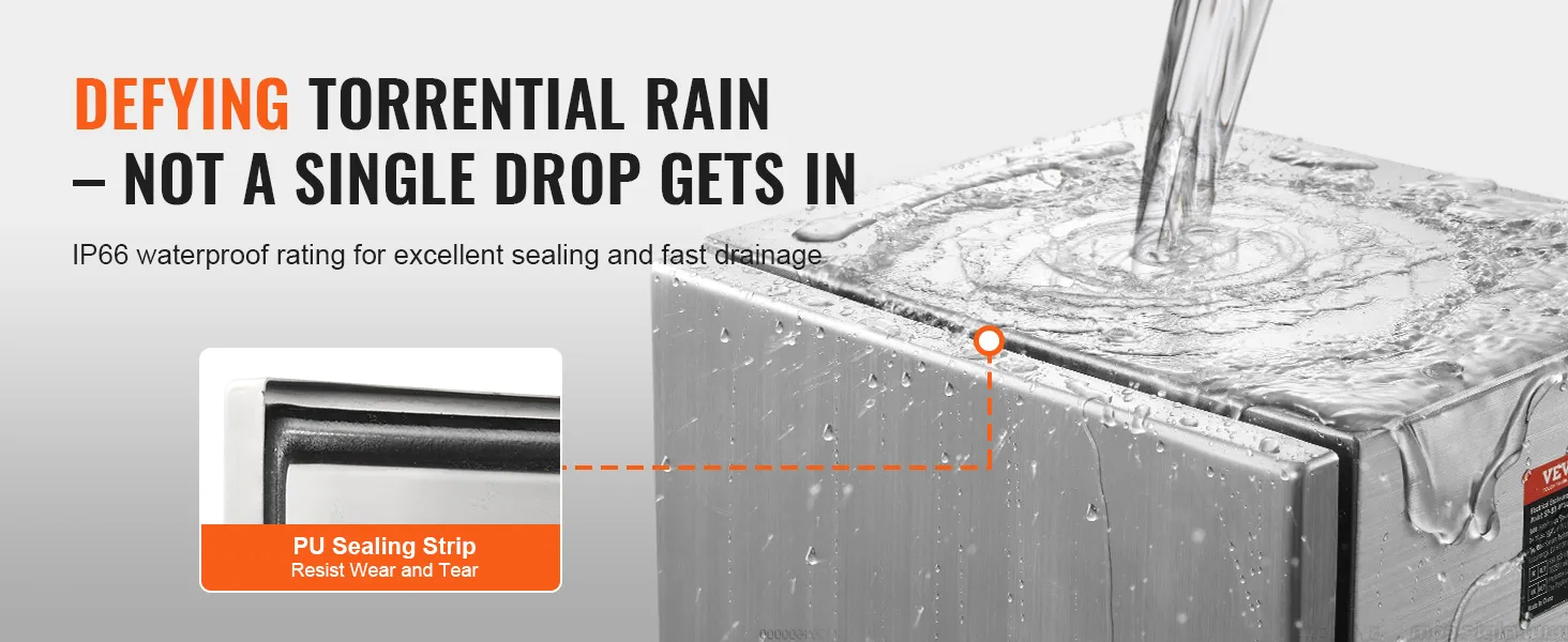 Caja eléctrica de acero VEVOR con clasificación de impermeabilidad IP66 y tira de sellado de PU que desafía la lluvia intensa.