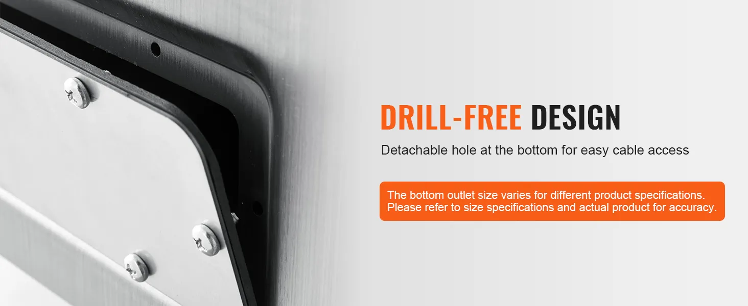 Caja eléctrica de acero VEVOR con diseño sin taladros y orificio desmontable para un fácil acceso a los cables.