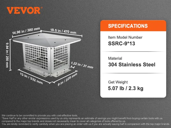 VEVOR chimney cap, 304 stainless steel, model ssrc-9*13, dimensions and weight shown.