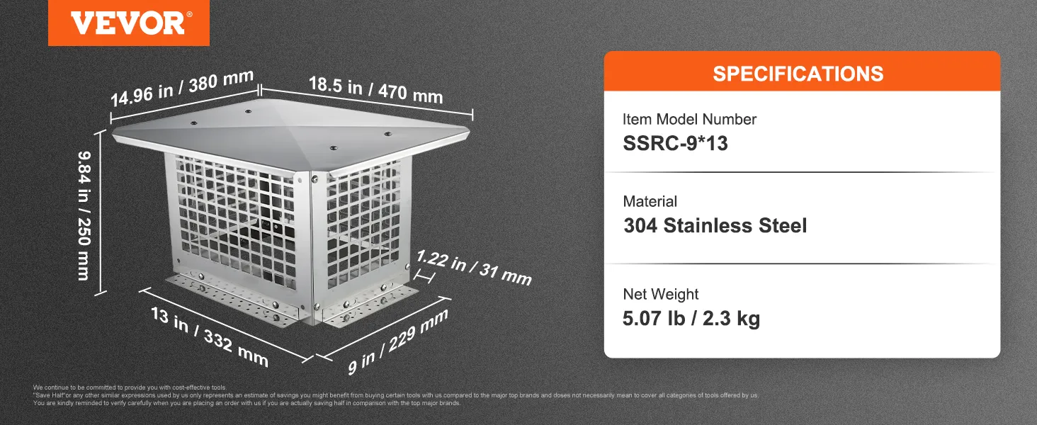 VEVOR chimney cap, 304 stainless steel, model ssrc-9*13, dimensions and weight shown.