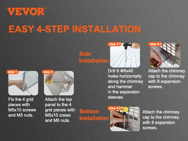 VEVOR chimney cap easy 4-step installation guide with grid assembly and attachment instructions.