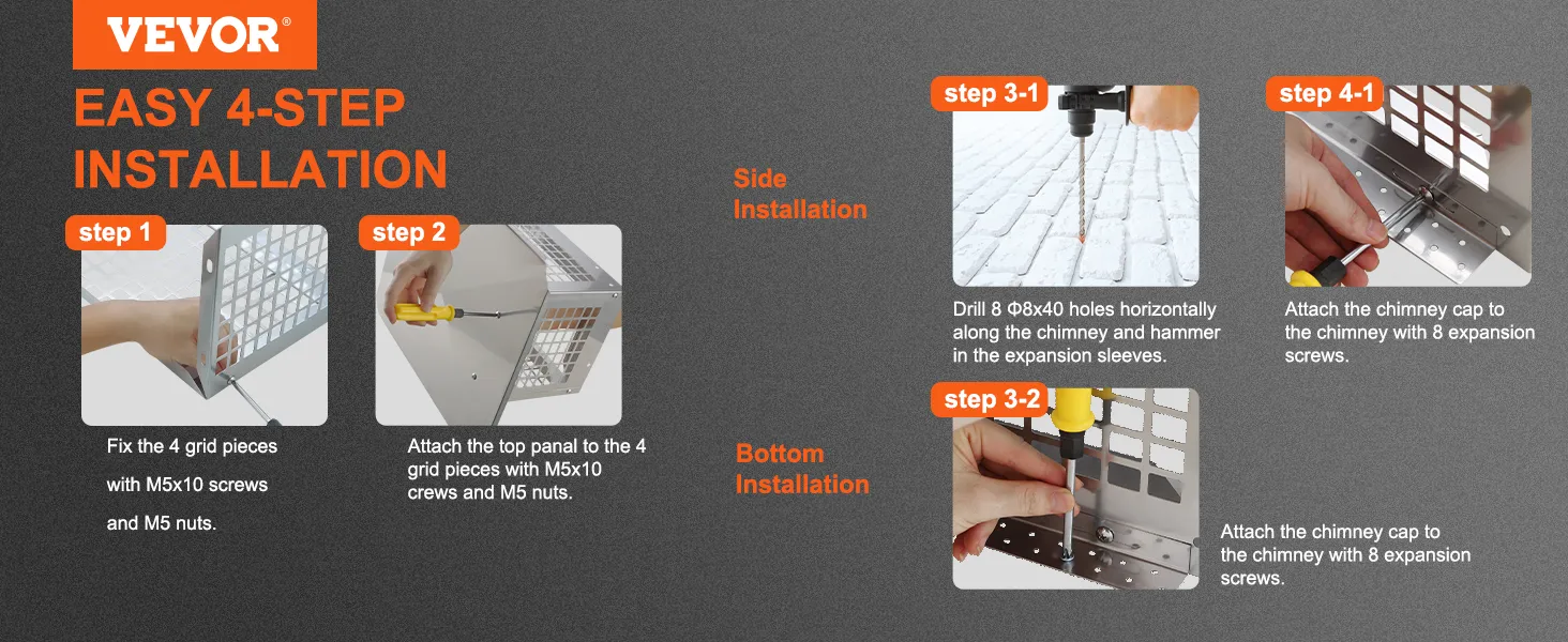 VEVOR chimney cap easy 4-step installation guide with grid assembly and attachment instructions.