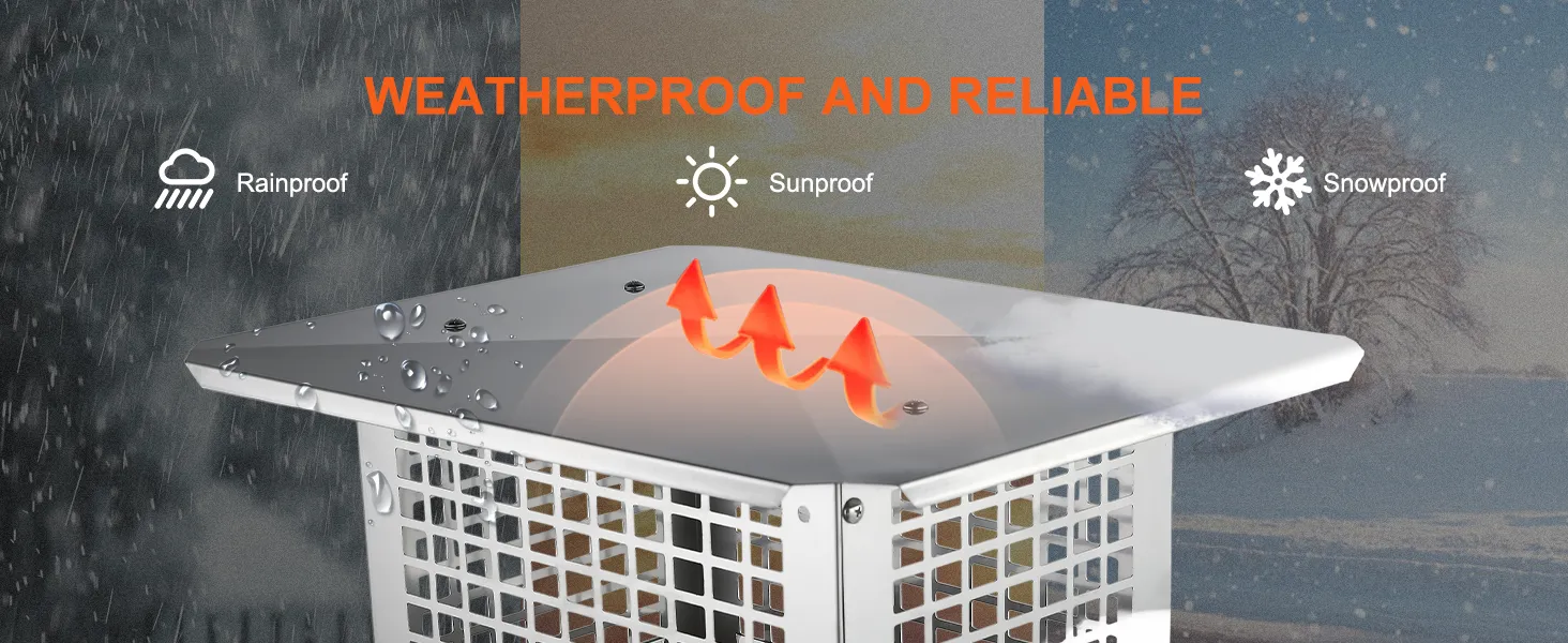 VEVOR chimney cap, weatherproof, rainproof, sunproof, snowproof; durable steel mesh structure.