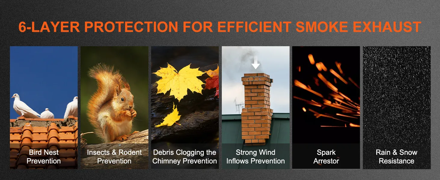 6-layer VEVOR chimney cap: bird nest, insects & rodent, debris, wind, spark, rain & snow protection.
