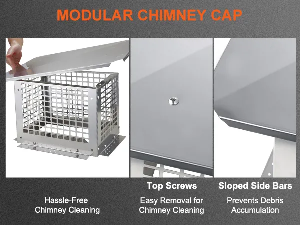VEVOR chimney cap features hassle-free cleaning, top screws for easy removal, and sloped side bars.
