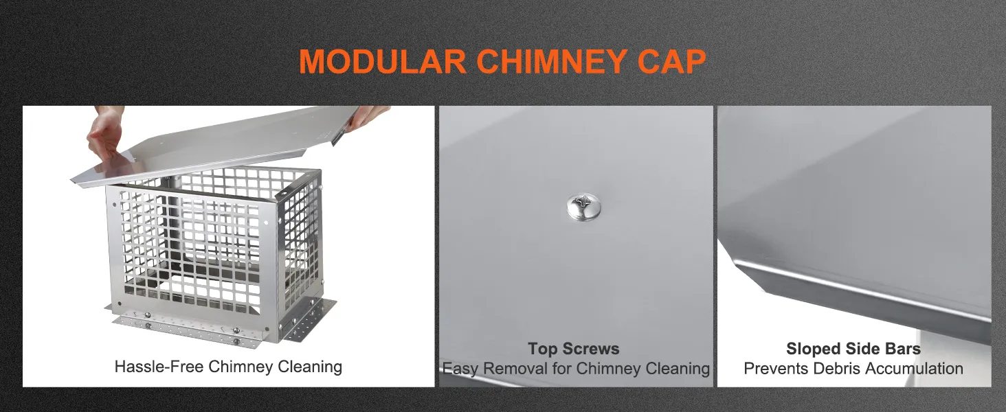 VEVOR chimney cap features hassle-free cleaning, top screws for easy removal, and sloped side bars.