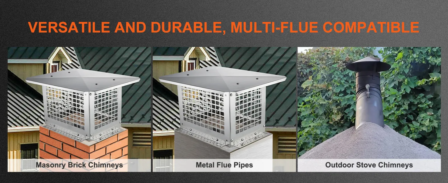 VEVOR chimney cap for masonry brick chimneys, metal flue pipes, and outdoor stove chimneys.