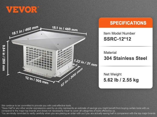 VEVOR chimney cap, 304 stainless steel, 18.1x18.1x9.84 inches, 5.62 lb, model ssrc-12*12.