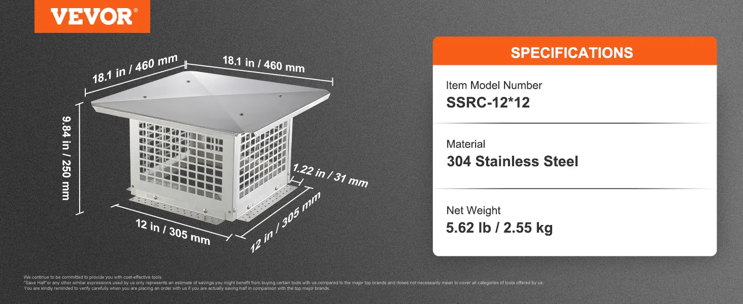 VEVOR chimney cap, 304 stainless steel, 18.1x18.1x9.84 inches, 5.62 lb, model ssrc-12*12.