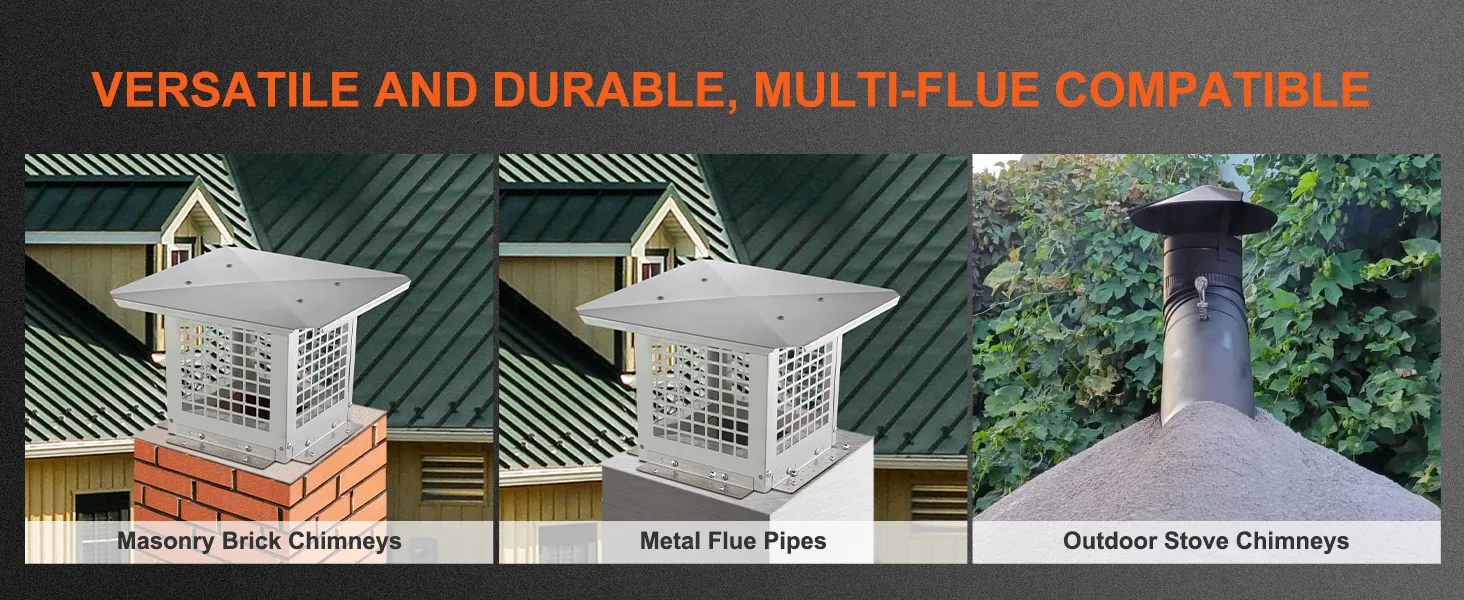 VEVOR chimney cap for masonry brick chimneys, metal flue pipes, and outdoor stove chimneys.
