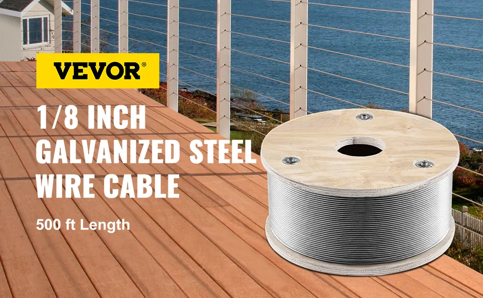 VEVOR stainless steel wire rope spool on a wooden deck with ocean view.