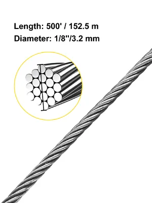 VEVOR stainless steel wire rope, 500' length, 1/8" diameter, detailed cross-section.