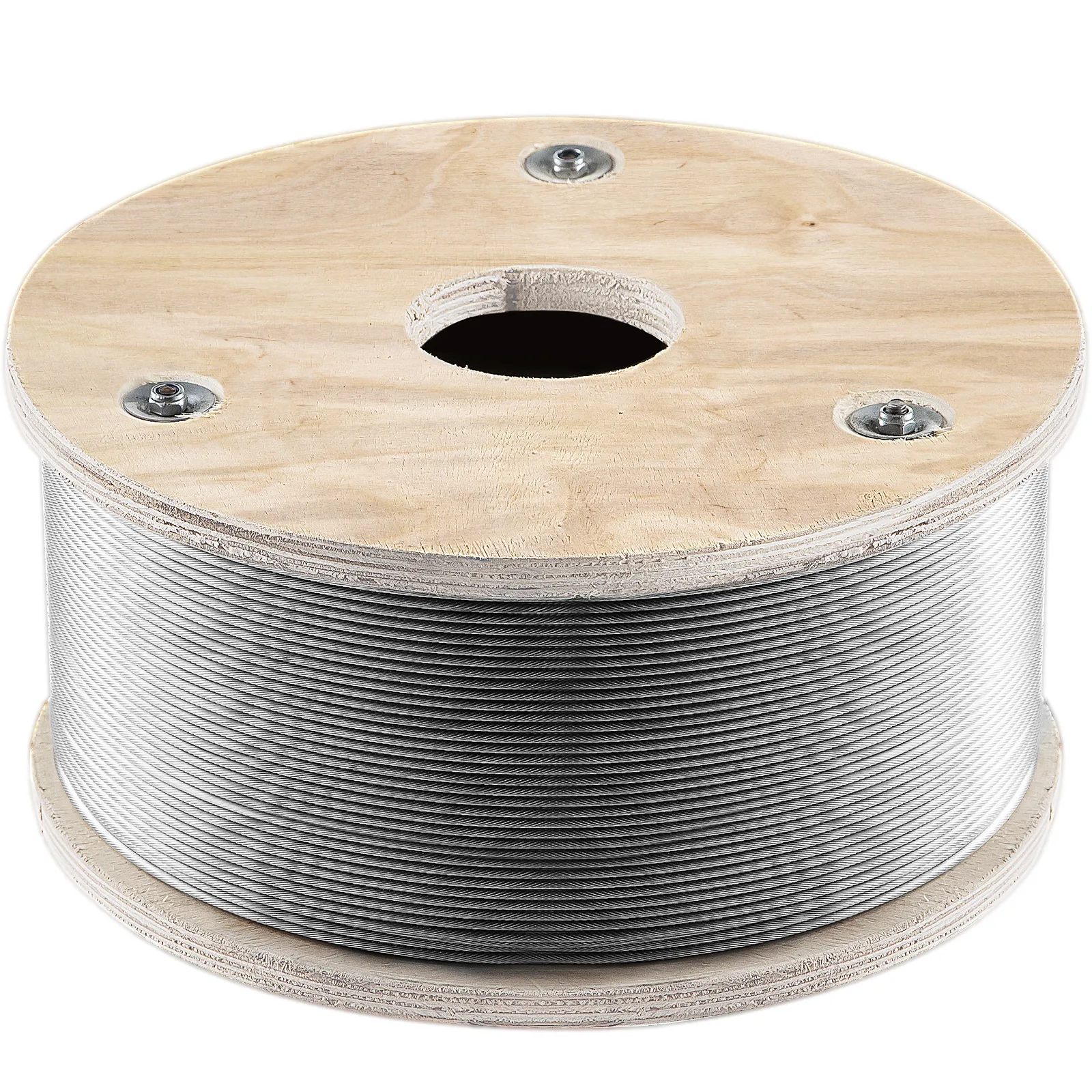 wooden spool holding VEVOR stainless steel wire rope.